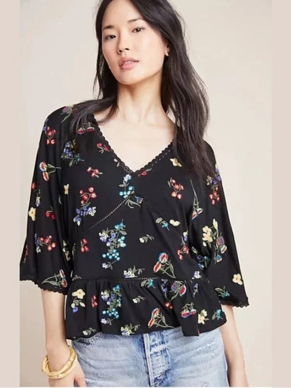 Anthropologie XS Embroidered Floral Flowy Boho Top Kimono Sleeves Crochet Lace